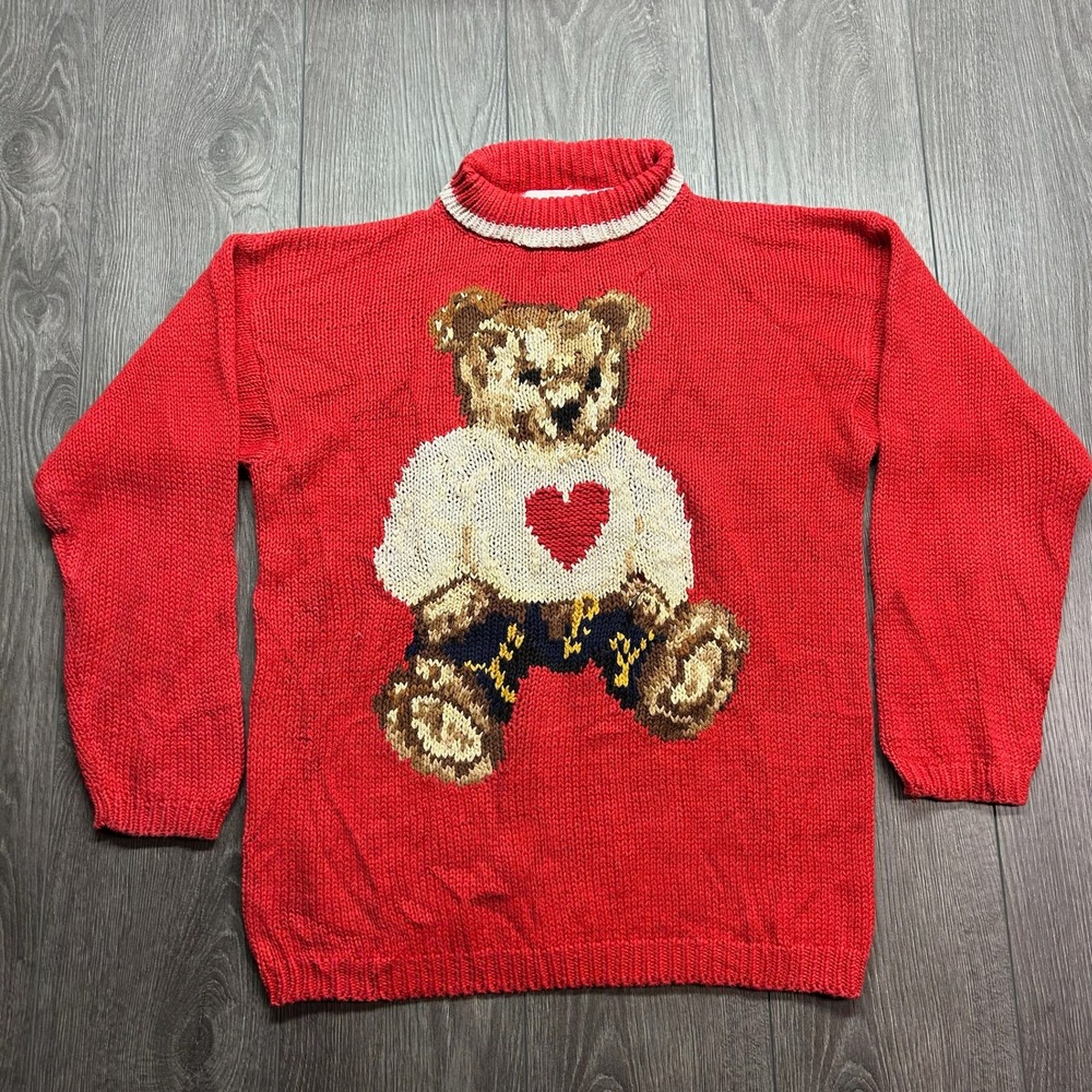 Vintage The Eagle's Eye Teddy Bear Heart Medium Red Knit Sweater Roll Neck M